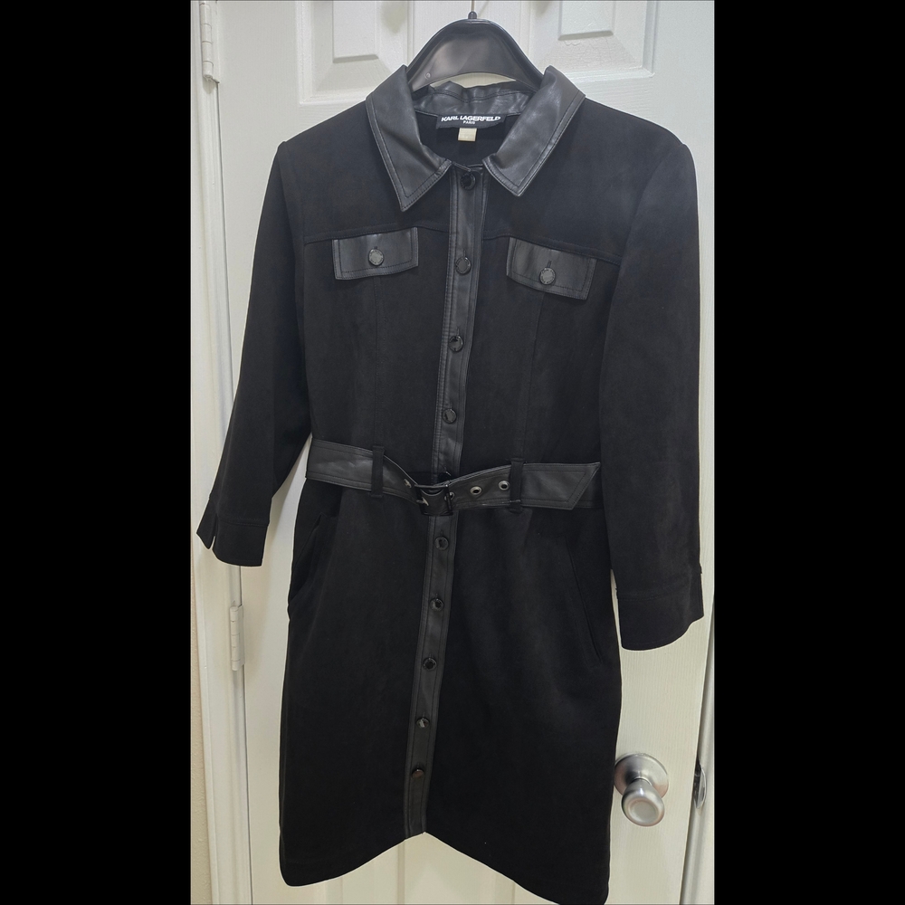 Karl Lagerfeld Black Trench Belted Faux Leather Trim Midi Shirt Dress Size 8 NWT